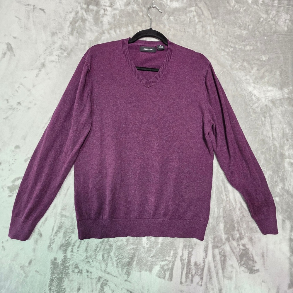 Claiborne Mens Purple Cotton Cashmere V-Neck Sweater M Long Sleeve Pullover